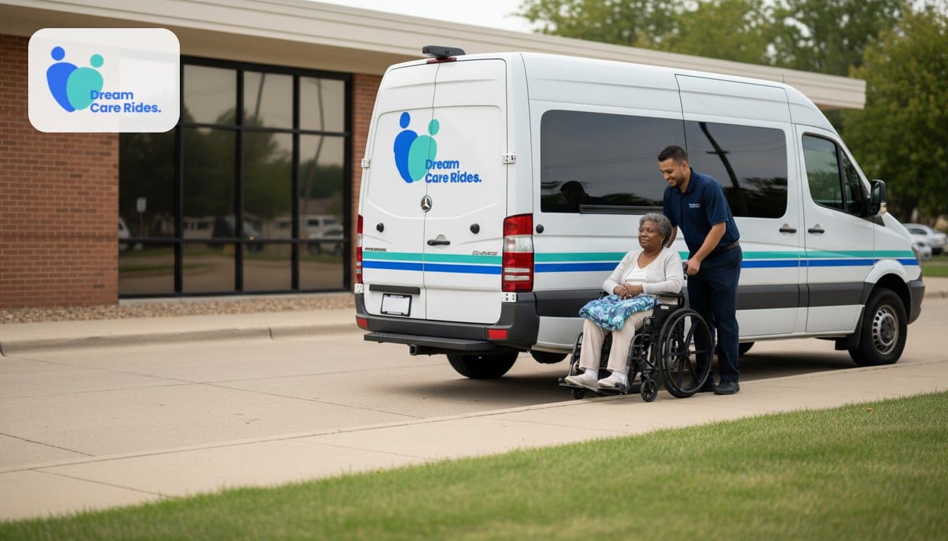 Dream Care Rides driver bringing a wheelchair rider to a dialysis center