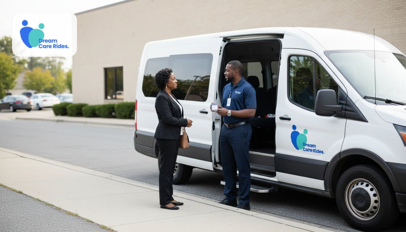 Rider checking Dream Care Rides driver credentials before the trip