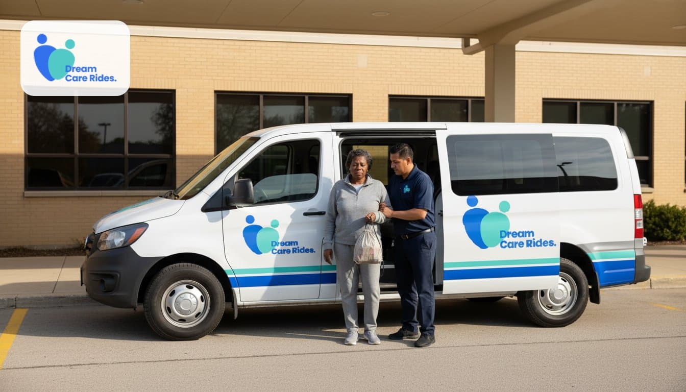 Patient in wheelchair being transported home from outpatient surgery center via medical transport van