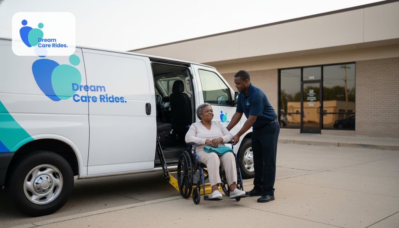Dream Care Rides driver assisting a wheelchair rider on a recurring trip