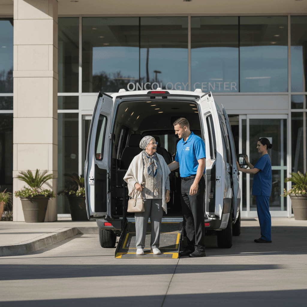 NEMT driver assisting chemotherapy patient with post-treatment boarding
