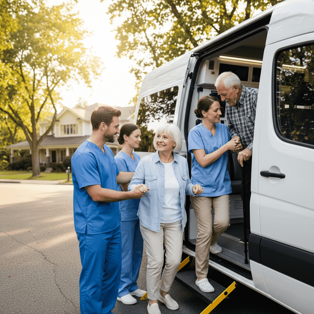 Senior rider getting ready to board an NEMT van