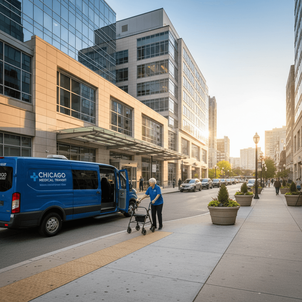 Northwestern Memorial Hospital Huron St NEMT drop-off entrance for wheelchair and ambulatory patients