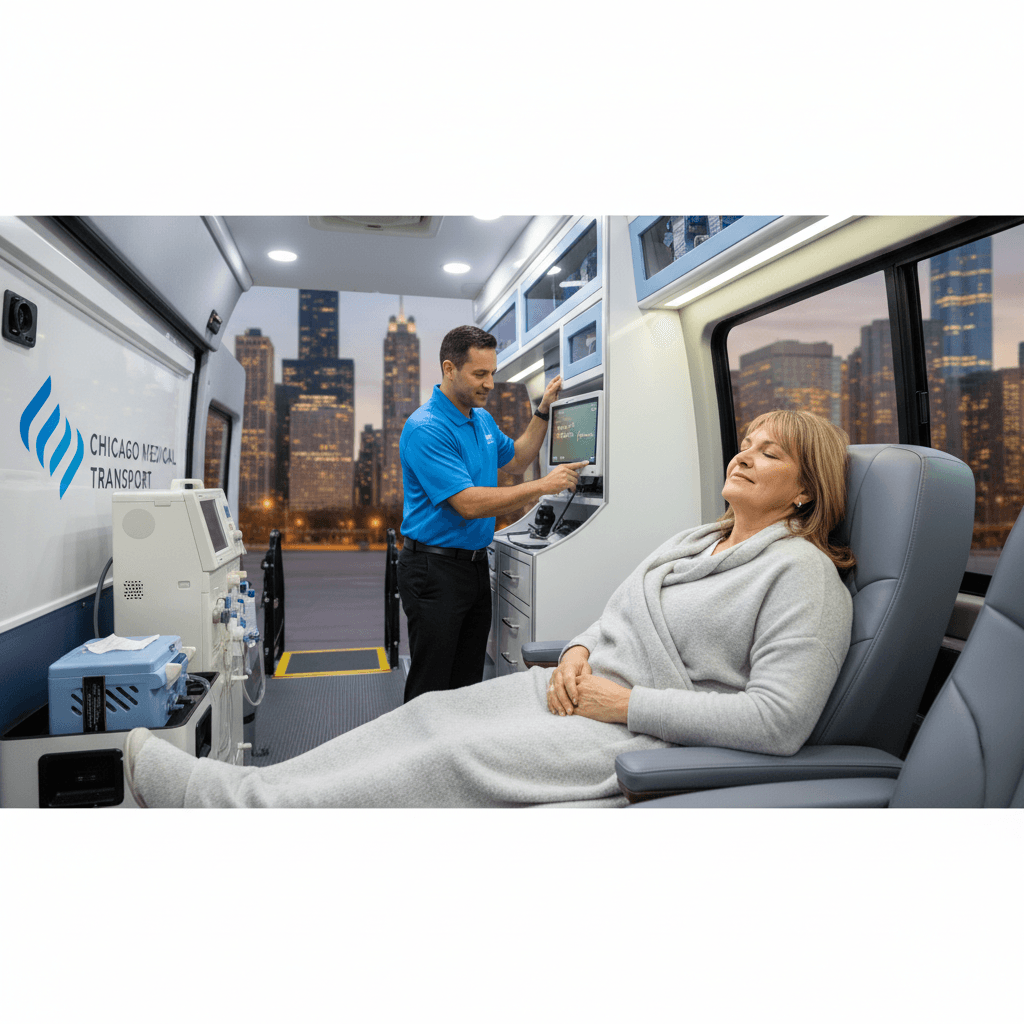 Patient resting comfortably in a Dream Care Rides vehicle after dialysis treatment in Chicago