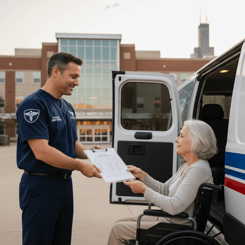 Dream Care Rides transparent NEMT pricing breakdown showing base rates and per-mile costs for ambulatory, wheelchair, stretcher, and bariatric transport in Chicago