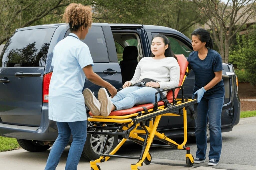 Two-person crew loading a stretcher patient for a hospital trip