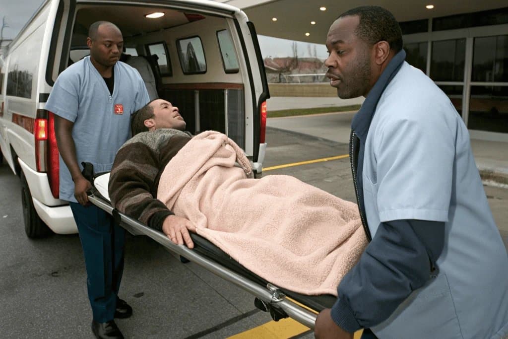 Crew transferring a stretcher patient at a hospital entrance