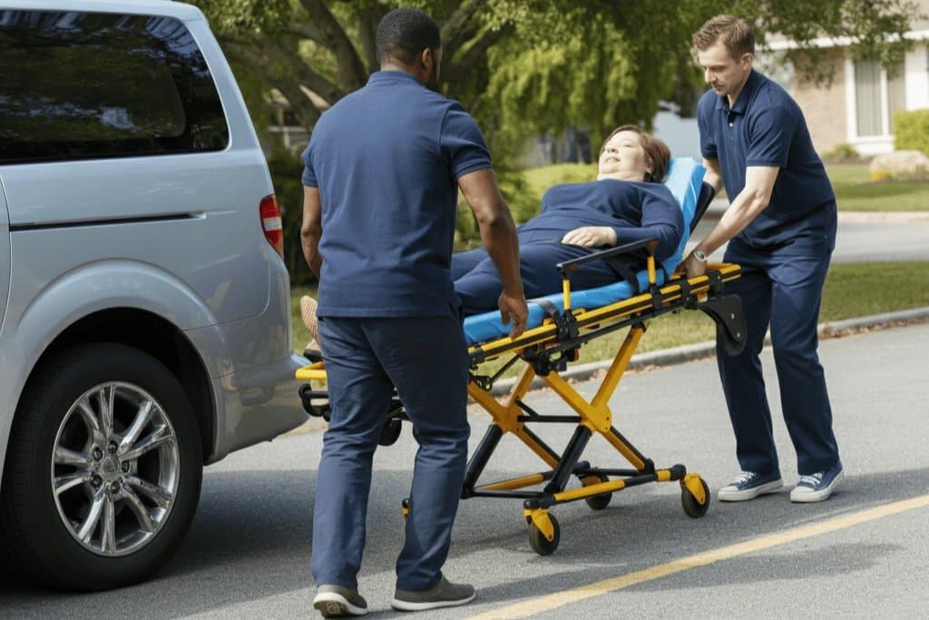 Two-person crew wheeling a stretcher patient to the vehicle in Chicago
