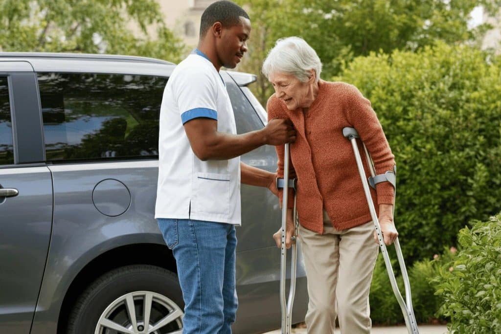 Driver steadying a rider on crutches beside the car
