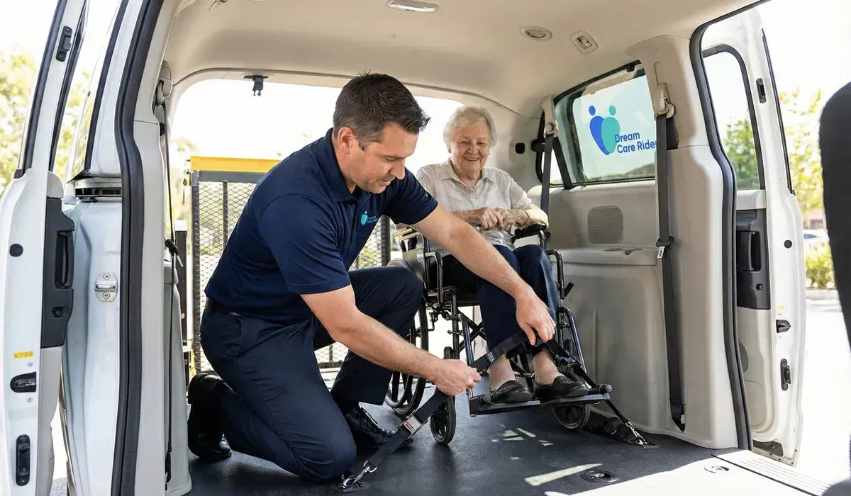Dream Care Rides driver securing wheelchair tie-downs inside ADA-compliant van