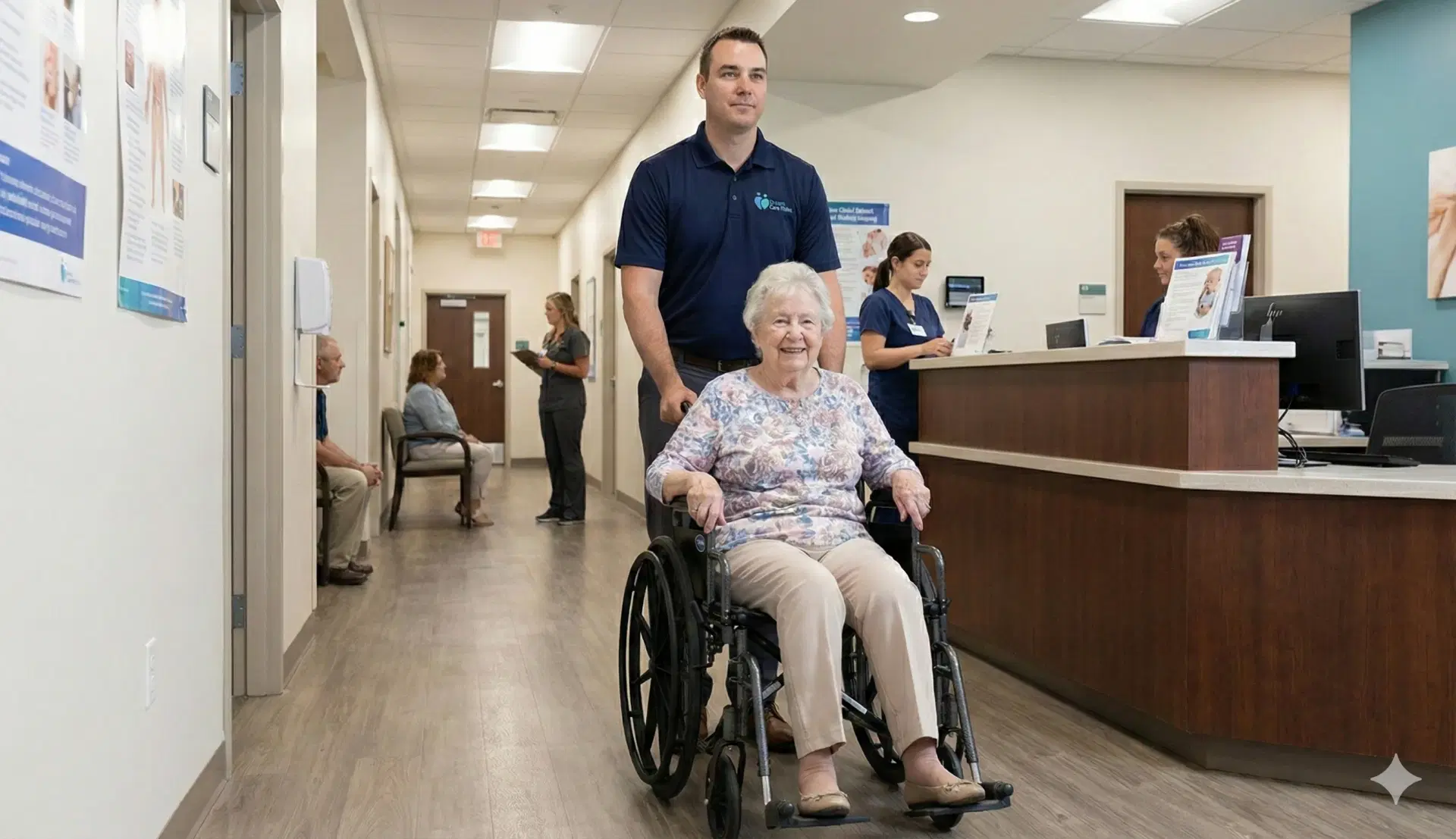 Dream Care Rides driver pushing wheelchair patient through medical clinic hallway