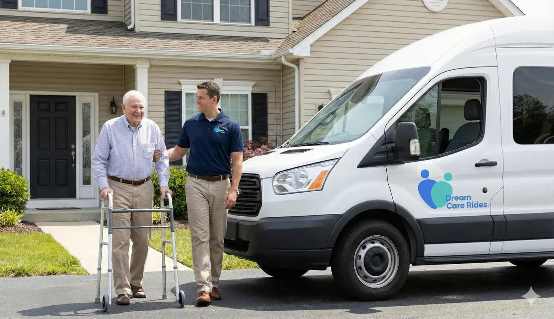 Dream Care Rides driver assisting elderly patient with walker at their home