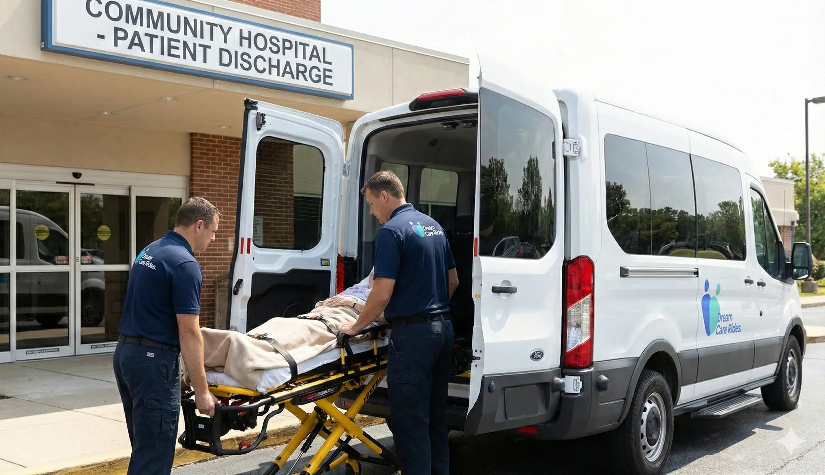 Dream Care Rides team loading patient at hospital discharge area