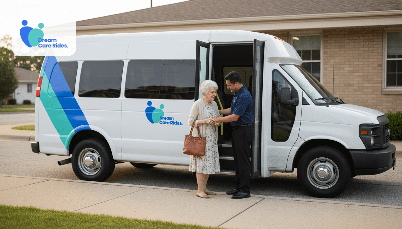 Dream Care Rides driver meeting a Medicare Advantage member at the van