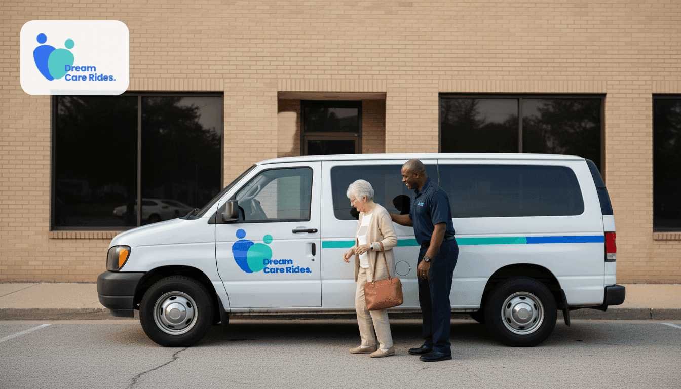 Dream Care Rides driver greeting a Medicare member beside the van