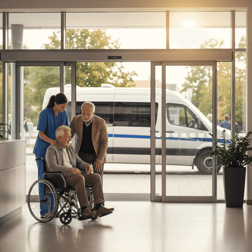 Nurse coordinating hospital discharge transportation with NEMT provider