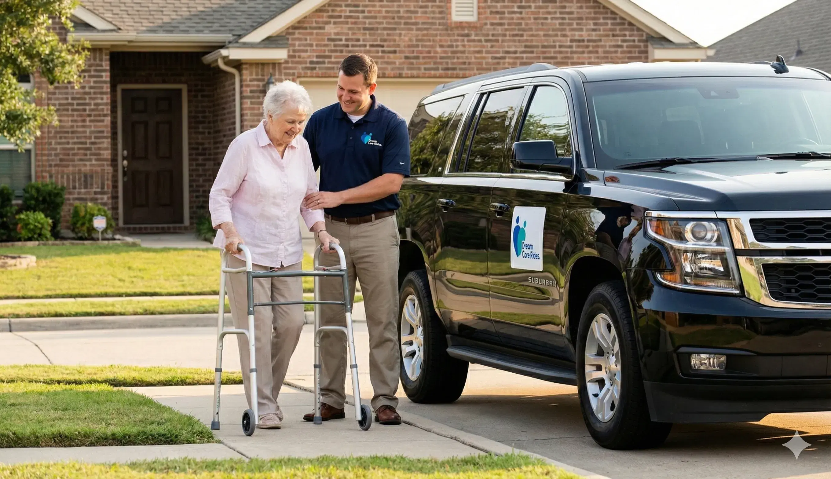 Dream Care Rides driver assisting elderly patient with walker at home