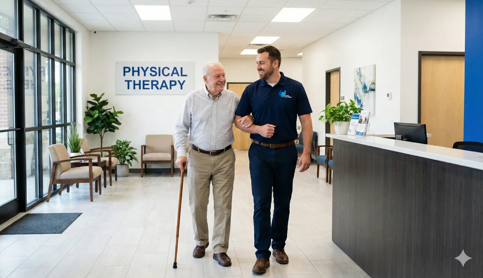 Dream Care Rides driver assisting elderly patient at physical therapy facility