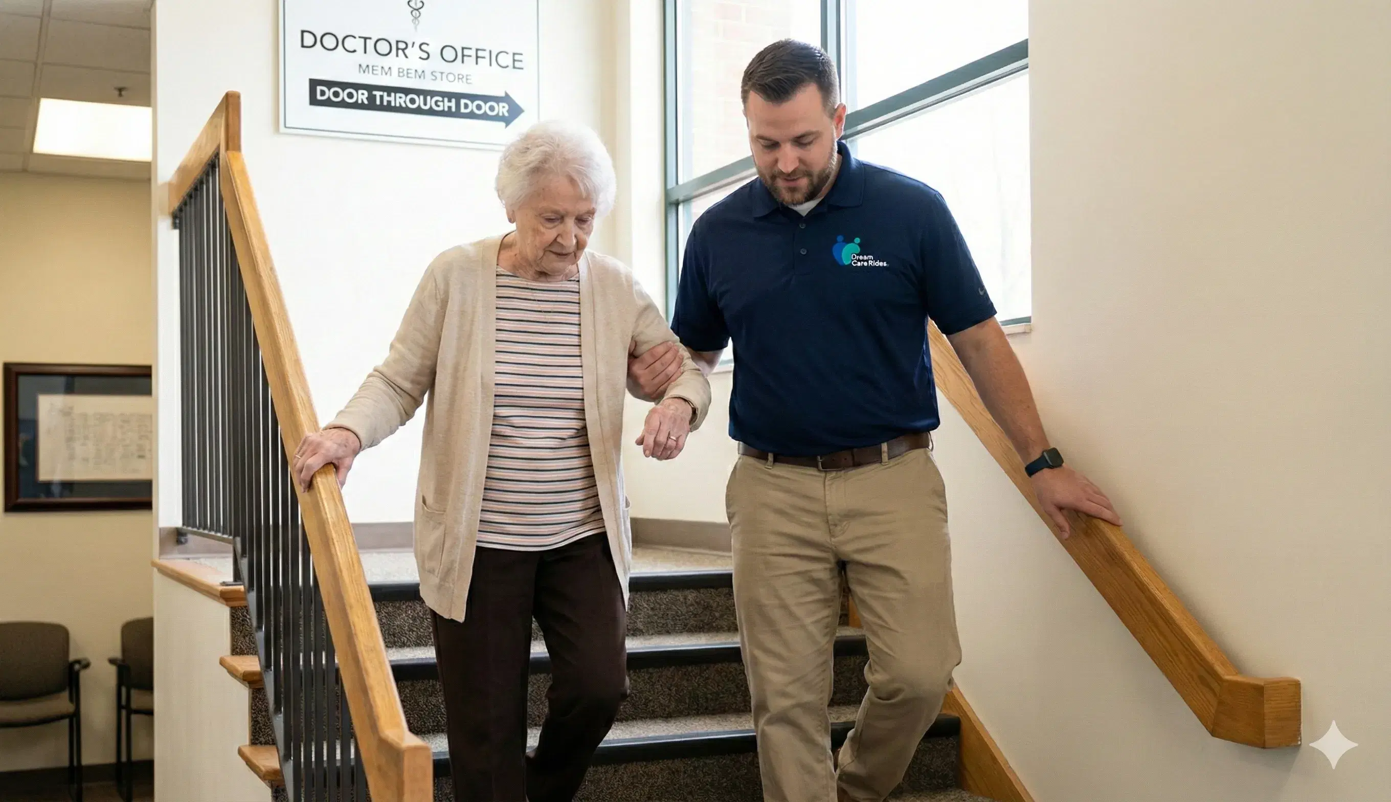 Dream Care Rides driver assisting patient with stairs at doctor office