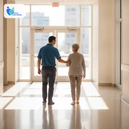 Driver lightly steadying a walking rider from inside the facility — hand to hand